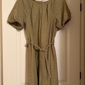 LOFT Olive Eyelet Midi Dress with Tie Waist